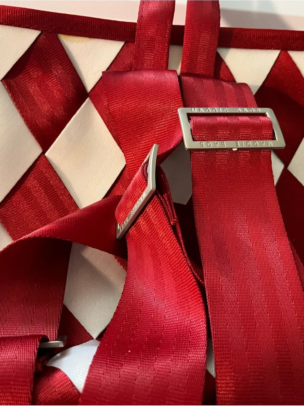 Maggie Bags Red & White woven seatbelts. Backpack purse - Picture 3 of 6